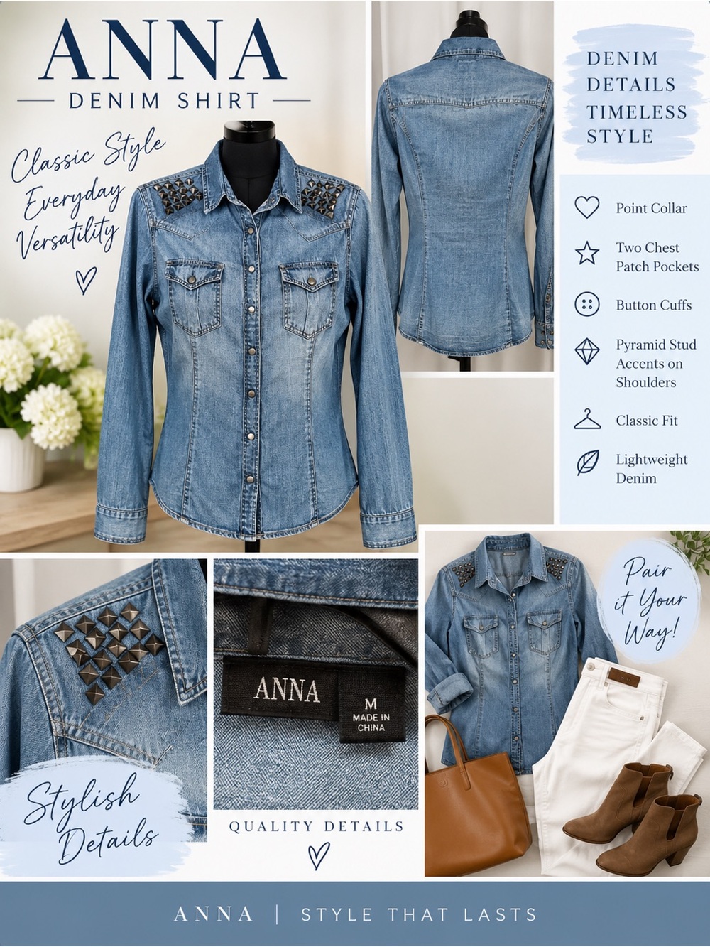 Anna Light Blue Denim Shirt with Stud Accents